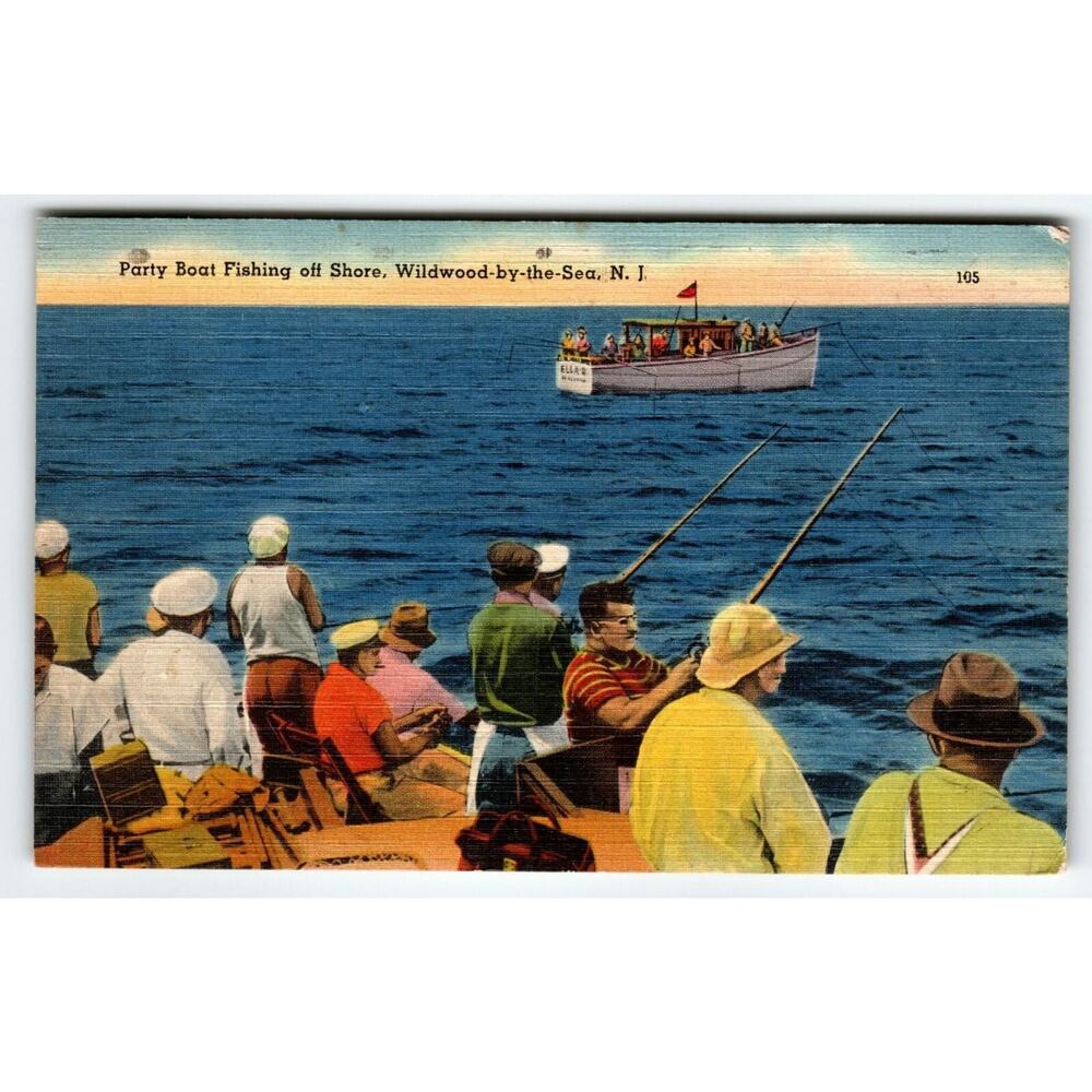 1945 Wildwood-by-the-Sea NJ Linen Postcard Party Boat Fishing off Shore, Tichnor